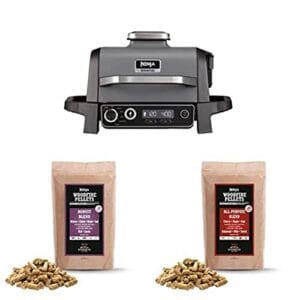 Bundle of Ninja OG701UK Woodfire Electric BBQ Grill & Smoker, 7-in-1 Outdoor Grill & Air Fryer + Ninja Woodfire Pellets, Robust Blend XSKOGRBLPL2UK 900g Bag+All-Purpose Blend XSKOGAPBPL2UK 900g Bag