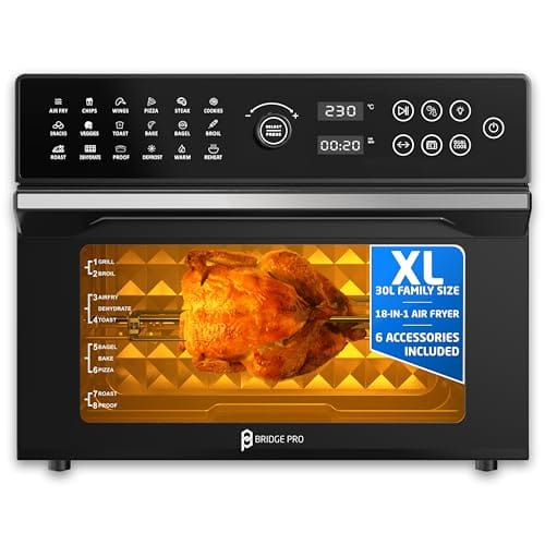 Bridge Pro 30 Litre Air Fryer Oven 1800W with Rotisserie Accessory Set - Extra Large Air Fryer for Family, 20 in 1 Dual Cook, Smart Dial, 360° Hot Air Circulation, Time & Temp Control, Fast Cooking Bridge Pro 30 Litre Air Fryer Oven 1800W with Rotisserie Accessory Set - Extra Large Air Fryer for Family, 20 in 1 Dual Cook, Smart Dial, 360° Hot Air Circulation, Time & Temp Control, Fast Cooking