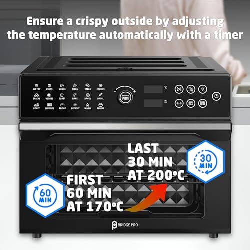 Bridge Pro 30 Litre Air Fryer Oven 1800W with Rotisserie Accessory Set - Extra Large Air Fryer for Family, 20 in 1 Dual Cook, Smart Dial, 360° Hot Air Circulation, Time & Temp Control, Fast Cooking Bridge Pro 30 Litre Air Fryer Oven 1800W with Rotisserie Accessory Set - Extra Large Air Fryer for Family, 20 in 1 Dual Cook, Smart Dial, 360° Hot Air Circulation, Time & Temp Control, Fast Cooking