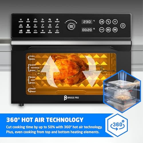 Bridge Pro 30 Litre Air Fryer Oven 1800W with Rotisserie Accessory Set - Extra Large Air Fryer for Family, 20 in 1 Dual Cook, Smart Dial, 360° Hot Air Circulation, Time & Temp Control, Fast Cooking Bridge Pro 30 Litre Air Fryer Oven 1800W with Rotisserie Accessory Set - Extra Large Air Fryer for Family, 20 in 1 Dual Cook, Smart Dial, 360° Hot Air Circulation, Time & Temp Control, Fast Cooking