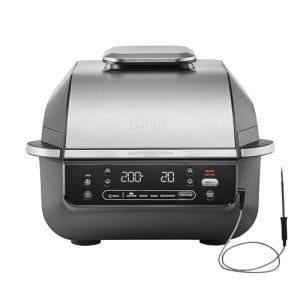 Ninja 5-in-1 Indoor Grill & Air Fryer, 5 Cooking Functions, Make Up to 4 Burgers, 5.7L capacity, Low Smoke, Includes Digital Meat Thermometer, Black/Silver, EG351UK